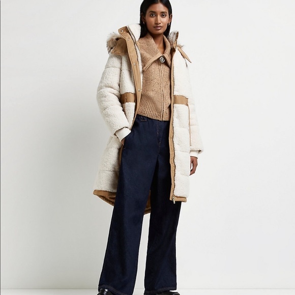 Borg Cream Padded Parka Coat Sherpa - Picture 6 of 6